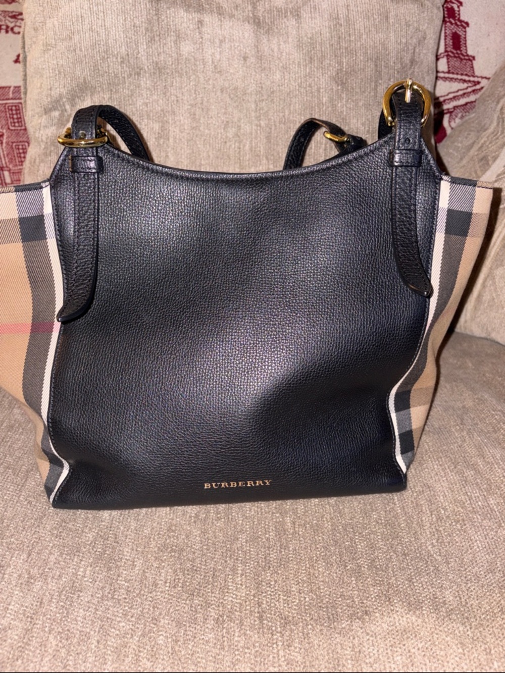 Burberry Black Leather Shoulder Bag with Vintage Check Panels